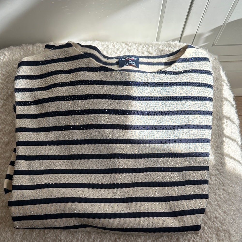 St James x J Crew X Swarovski crystal Navy and Cream Striped Shirt